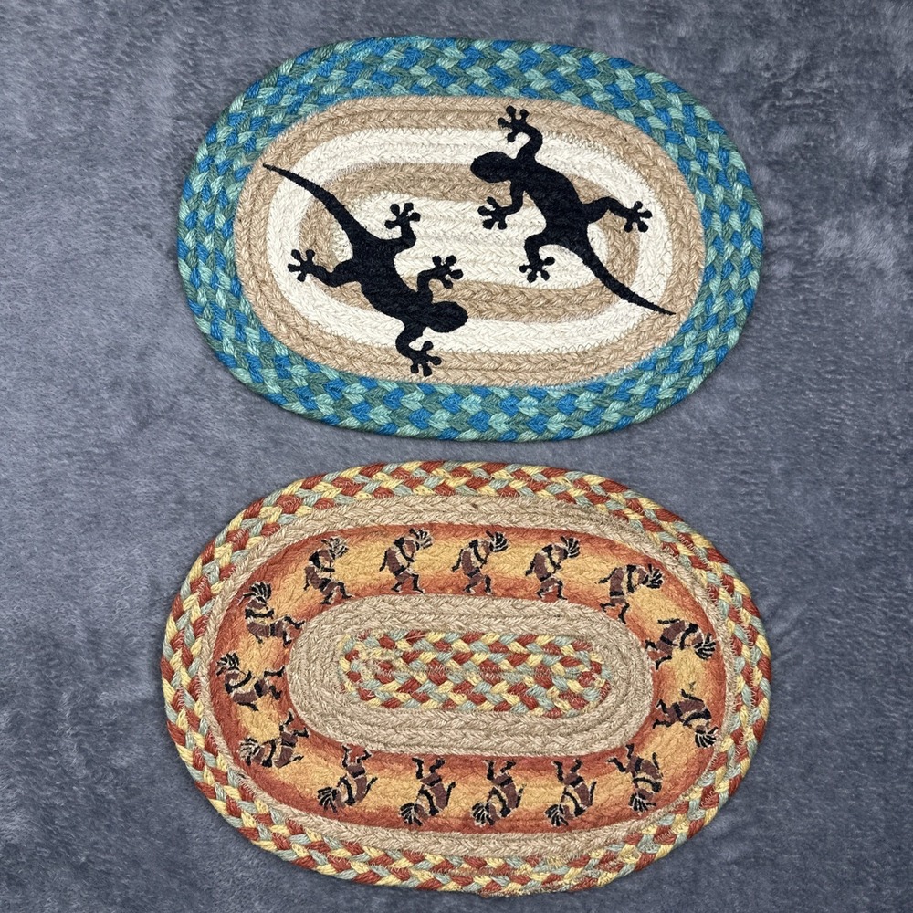 Earth Rugs 2 Items Gecko Lizard Kokopelli‎ Braided Jute Trivet Hot Pad Table Mat